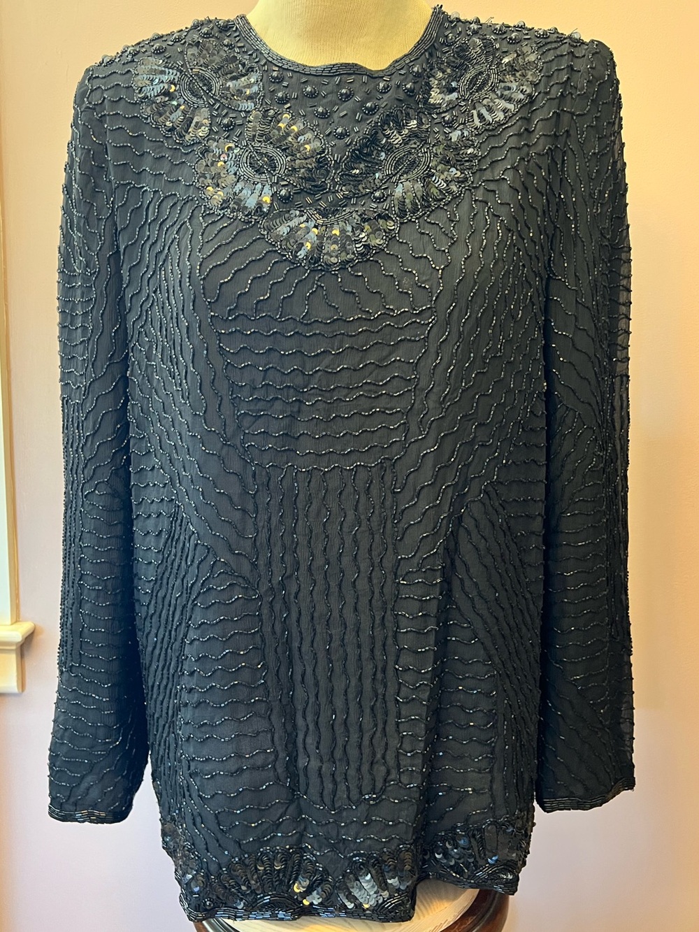 Vintage Beaded Sequin 100% Silk Black Evening Blouse Size 12 90’s 80’s Flaws